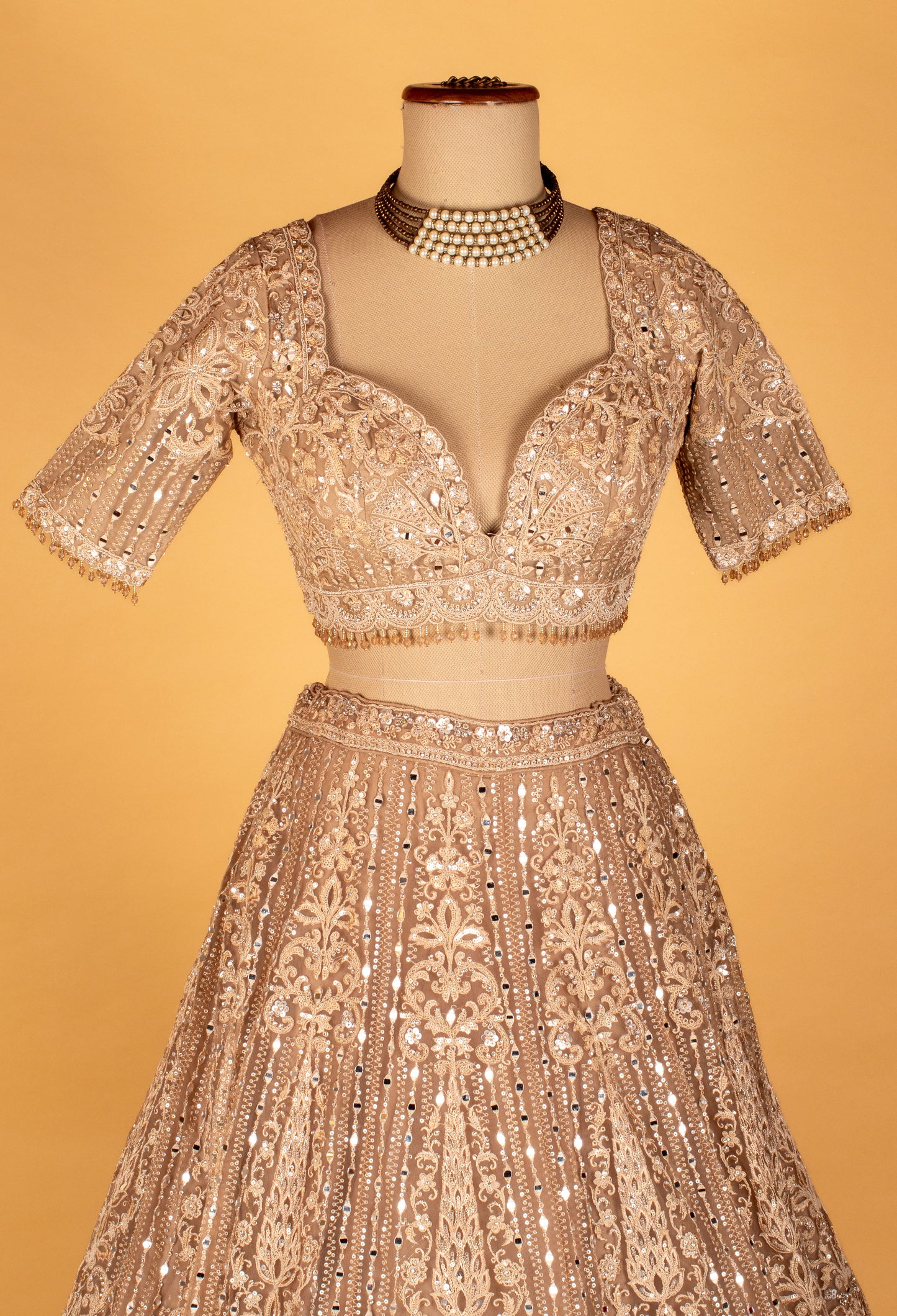 Champagne Gold Heavy Sequin & Mirror Embroidered Crop-Top Lehenga Set