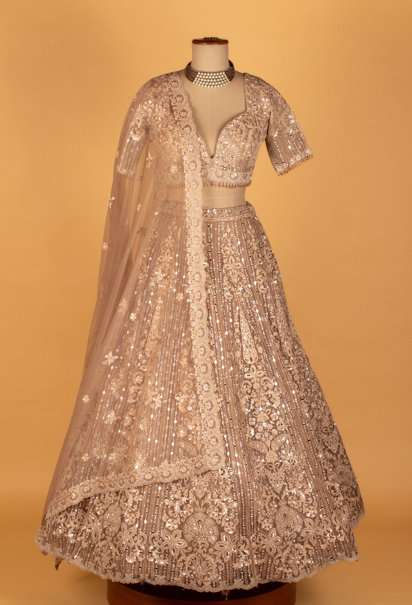 Champagne Gold Heavy Sequin & Mirror Embroidered Crop-Top Lehenga Set