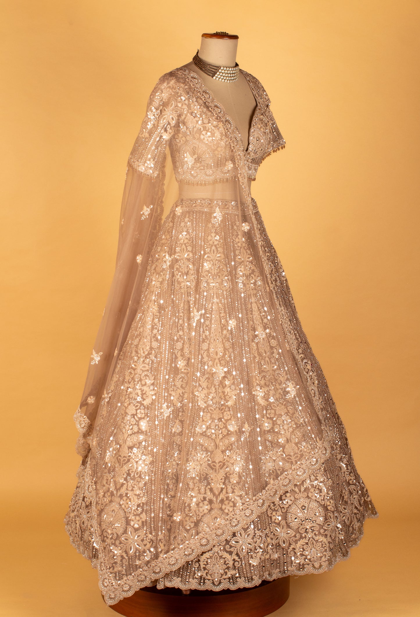 Champagne Gold Heavy Sequin & Mirror Embroidered Crop-Top Lehenga Set
