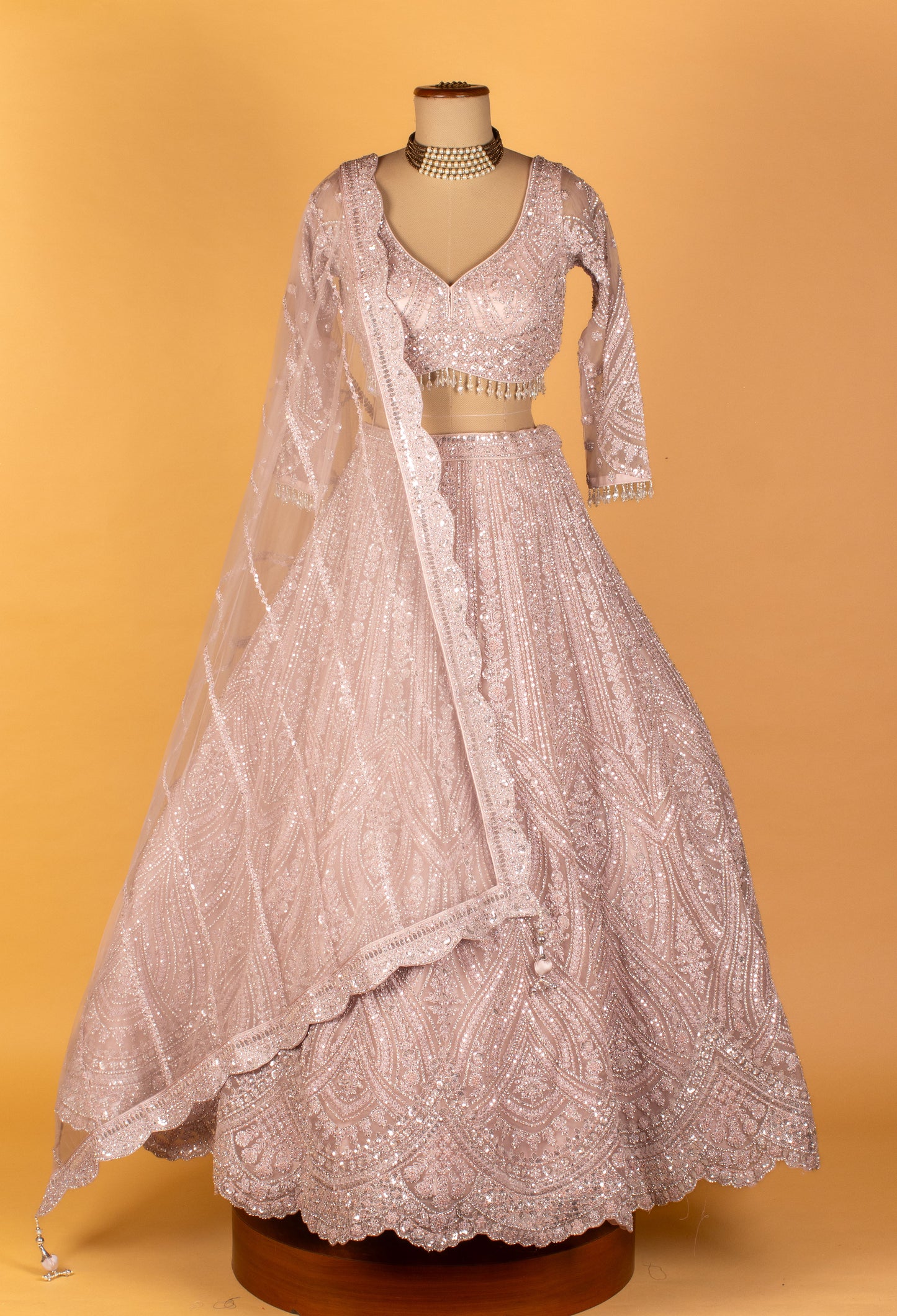 Pastel Blush Heavy Sequin Embroidered Crop-Top Lehenga Set