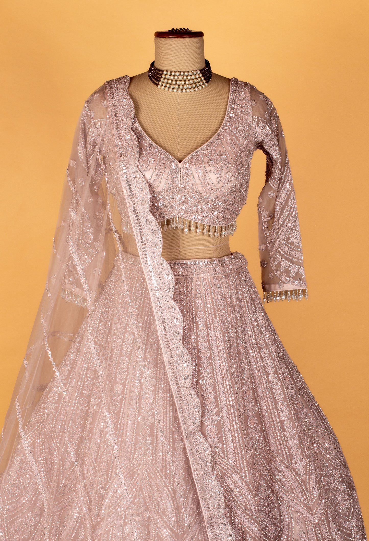 Pastel Blush Heavy Sequin Embroidered Crop-Top Lehenga Set