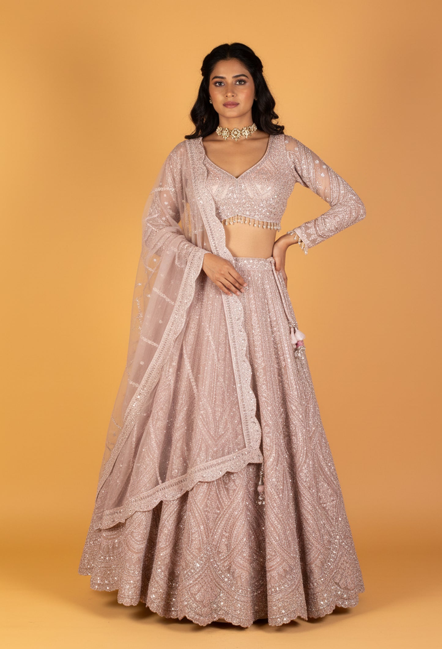 Pastel Blush Heavy Sequin Embroidered Crop-Top Lehenga Set