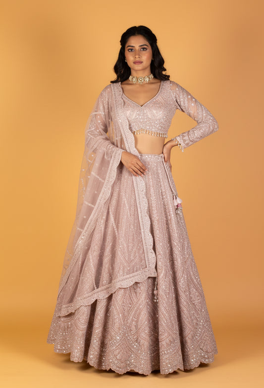 Pastel Blush Heavy Sequin Embroidered Crop-Top Lehenga Set