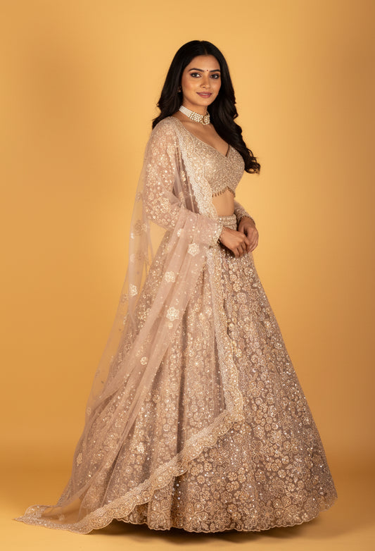 "  Champagne Gold Mirror-Embroidered Crop-Top Lehenga Set"