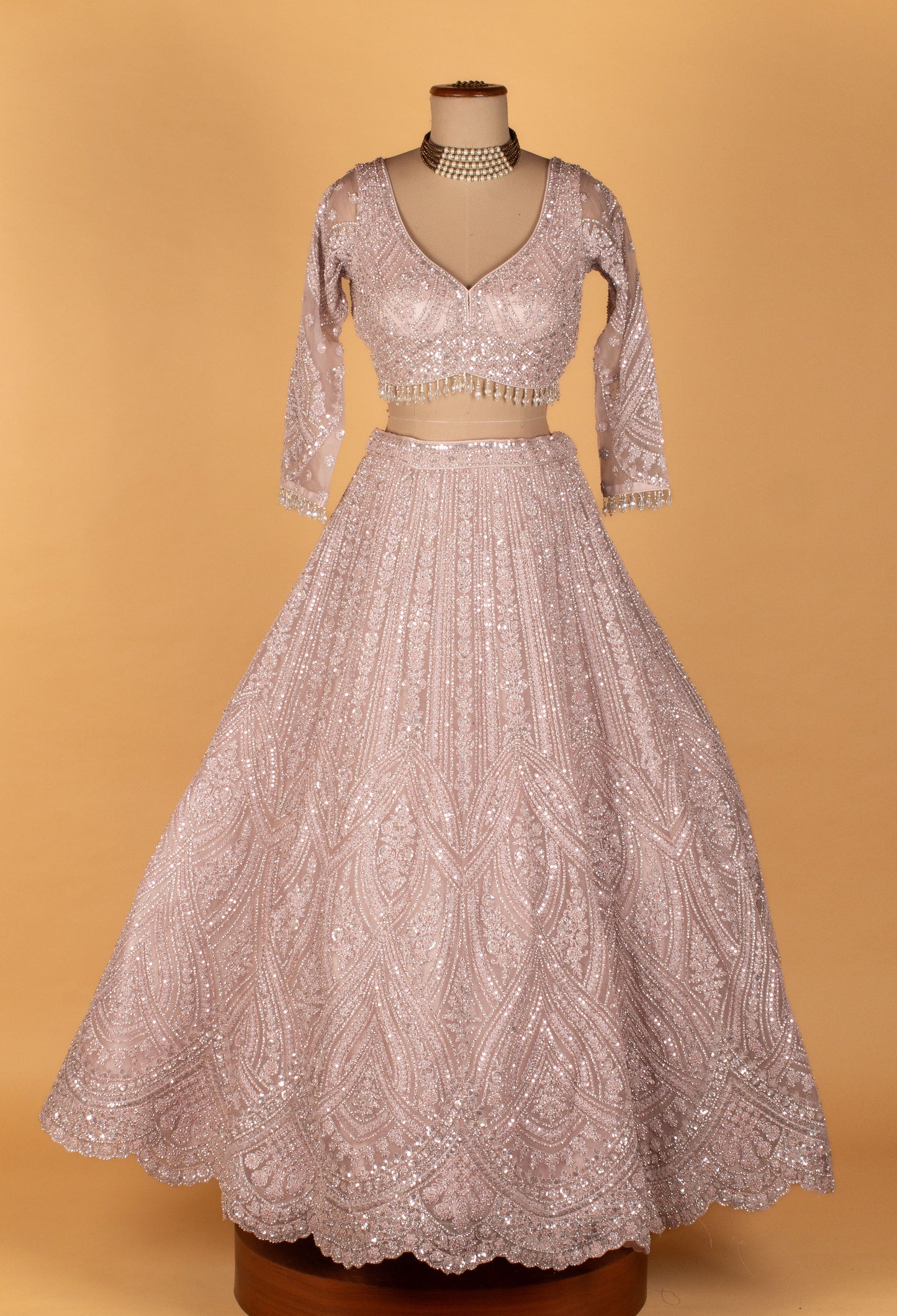 Pastel Blush Heavy Sequin Embroidered Crop-Top Lehenga Set