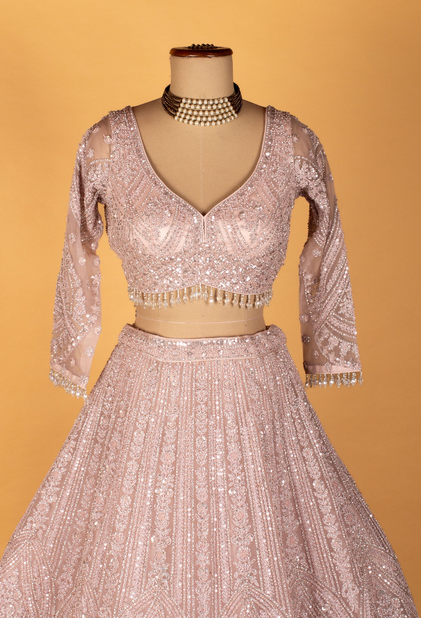Pastel Blush Heavy Sequin Embroidered Crop-Top Lehenga Set