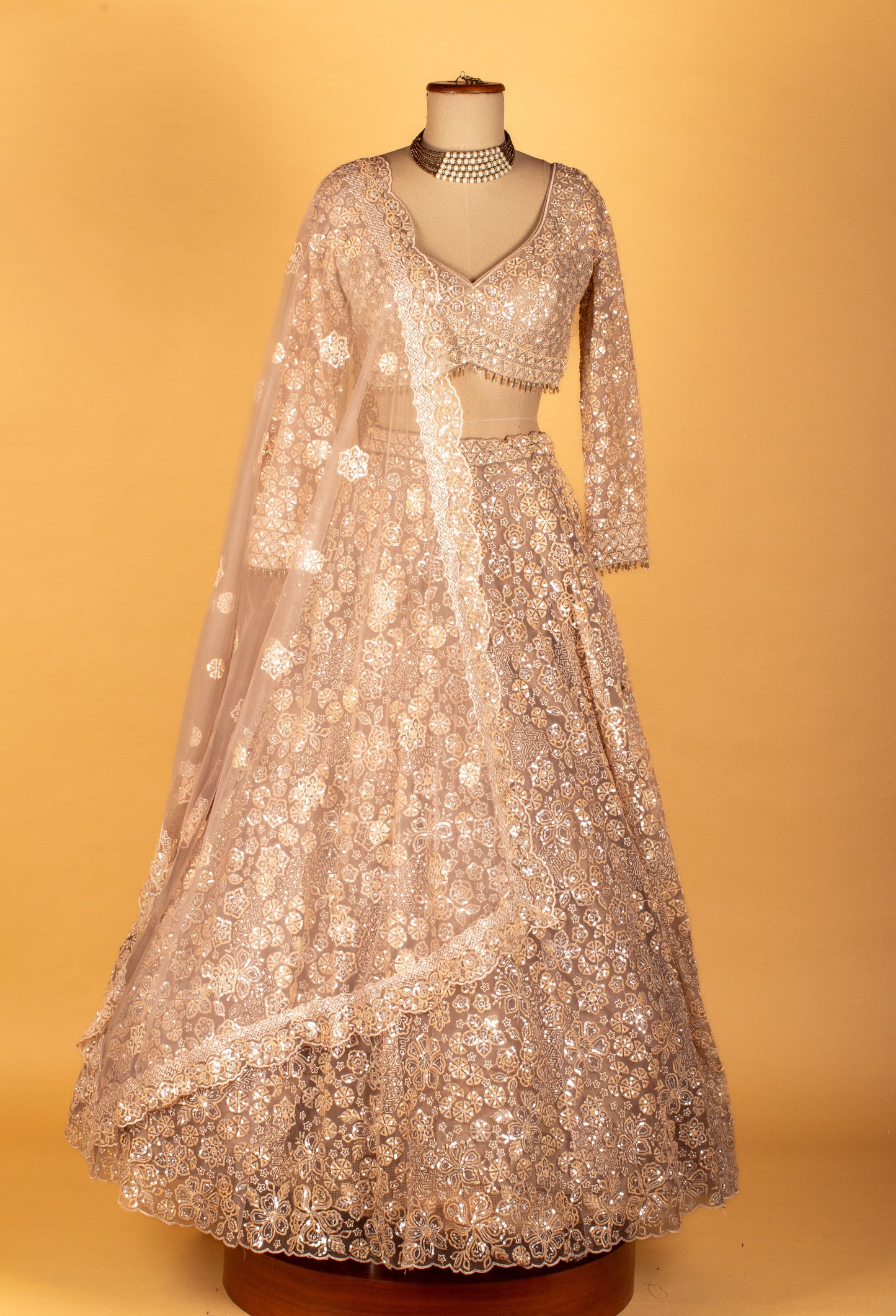 "  Champagne Gold Mirror-Embroidered Crop-Top Lehenga Set"