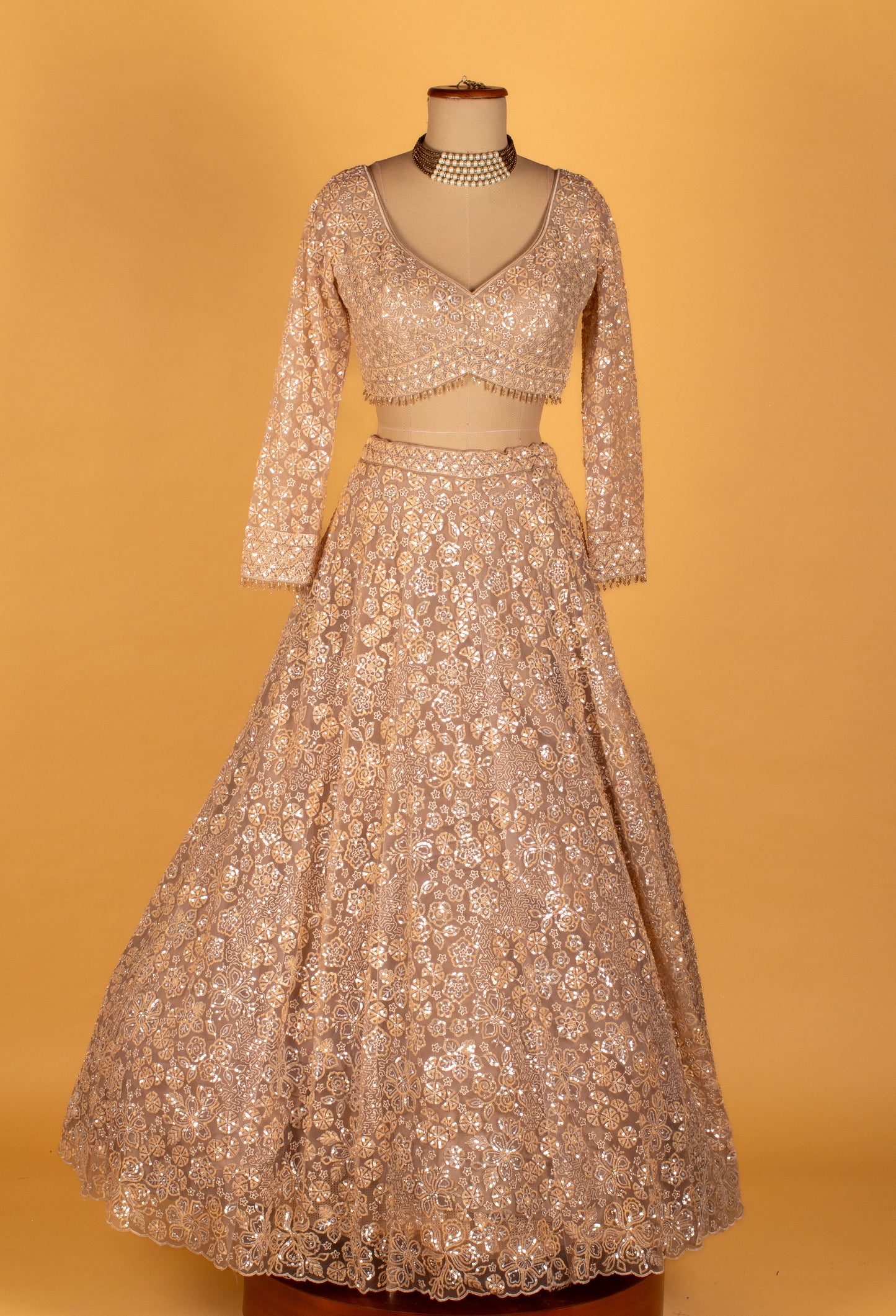 "  Champagne Gold Mirror-Embroidered Crop-Top Lehenga Set"