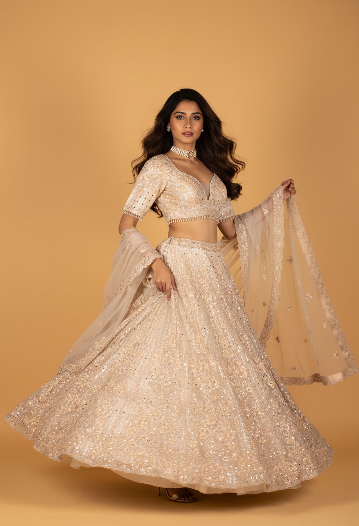 Ivory Heavy Sequin & Mirror Hand-Embroidered Bridal Crop-Top Lehenga Set