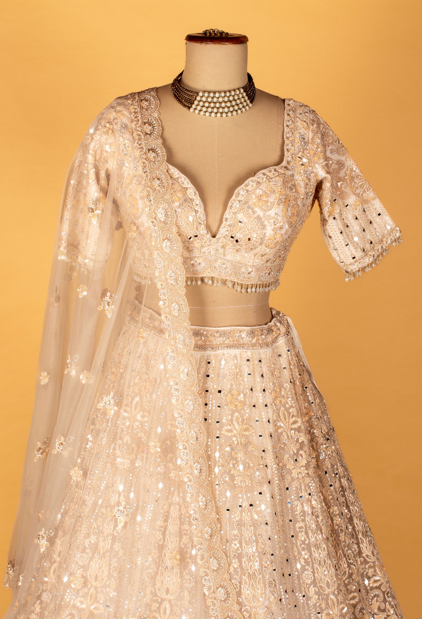 Ivory Heavy Sequin & Mirror Hand-Embroidered Bridal Crop-Top Lehenga Set