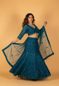 Teal Heavy Sequin & Crystal Embroidered Crop-Top Lehenga Set
