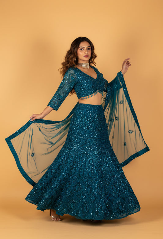 Teal Heavy Sequin & Crystal Embroidered Crop-Top Lehenga Set