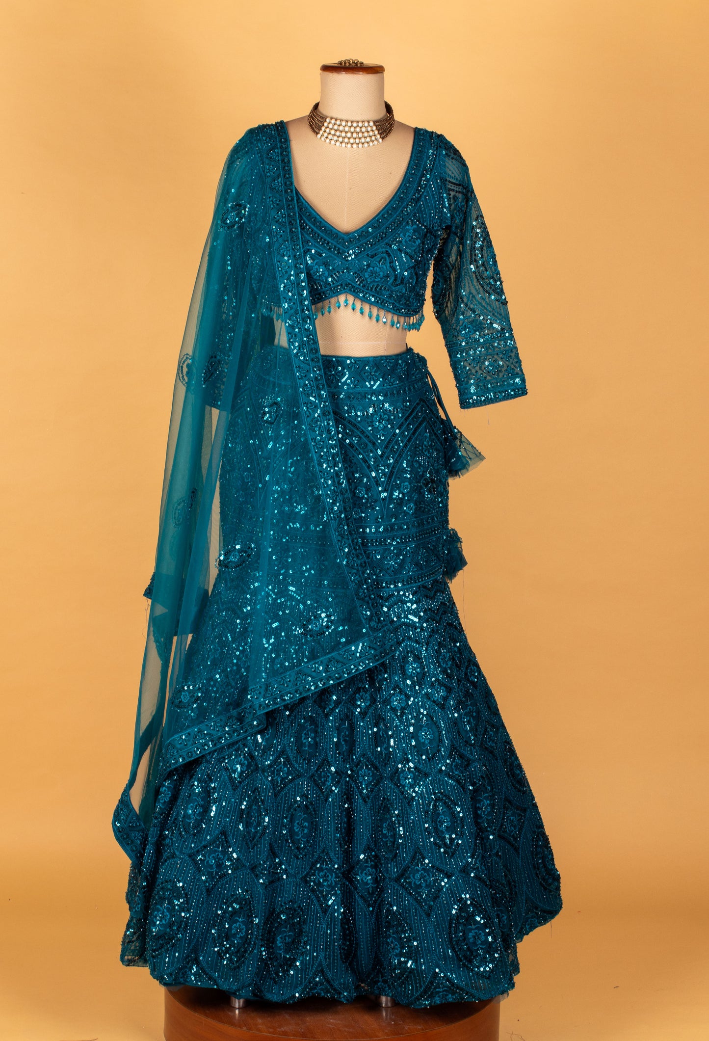 Teal Heavy Sequin & Crystal Embroidered Crop-Top Lehenga Set