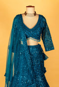 Teal Heavy Sequin & Crystal Embroidered Crop-Top Lehenga Set