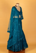Teal Heavy Sequin & Crystal Embroidered Crop-Top Lehenga Set