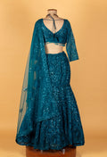 Teal Heavy Sequin & Crystal Embroidered Crop-Top Lehenga Set