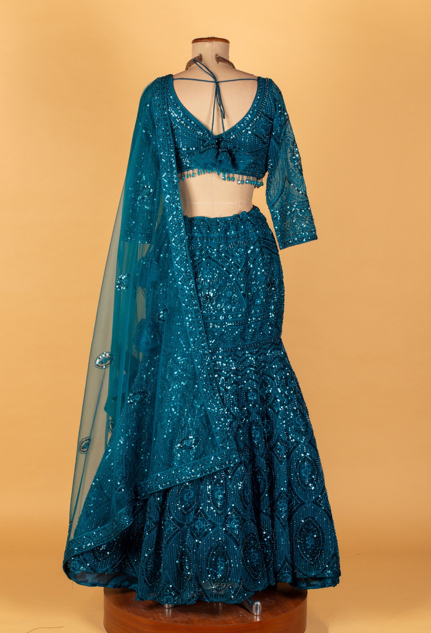 Teal Heavy Sequin & Crystal Embroidered Crop-Top Lehenga Set