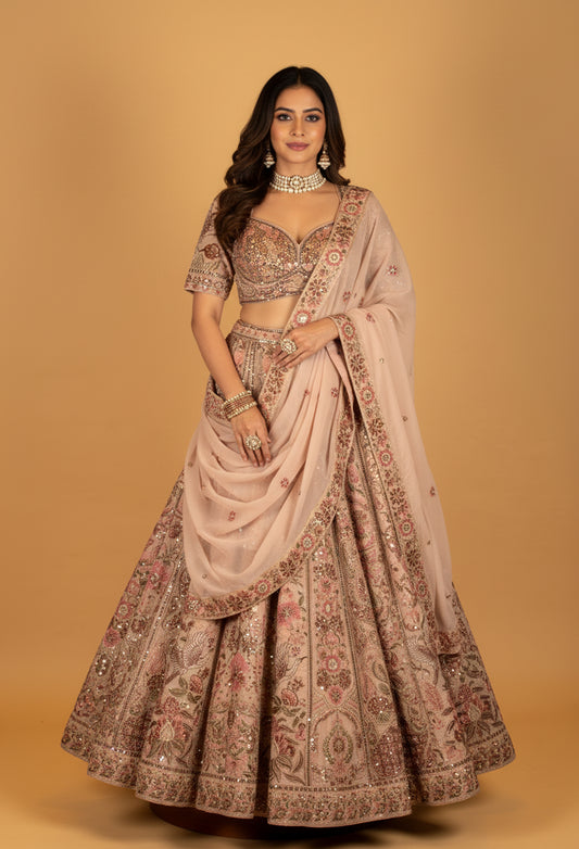 Blush Pink Hand-Embroidered Lehenga with Multicolor Floral & Bird Motifs