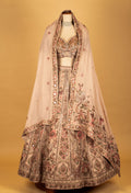 Blush Pink Hand-Embroidered Lehenga with Multicolor Floral & Bird Motifs