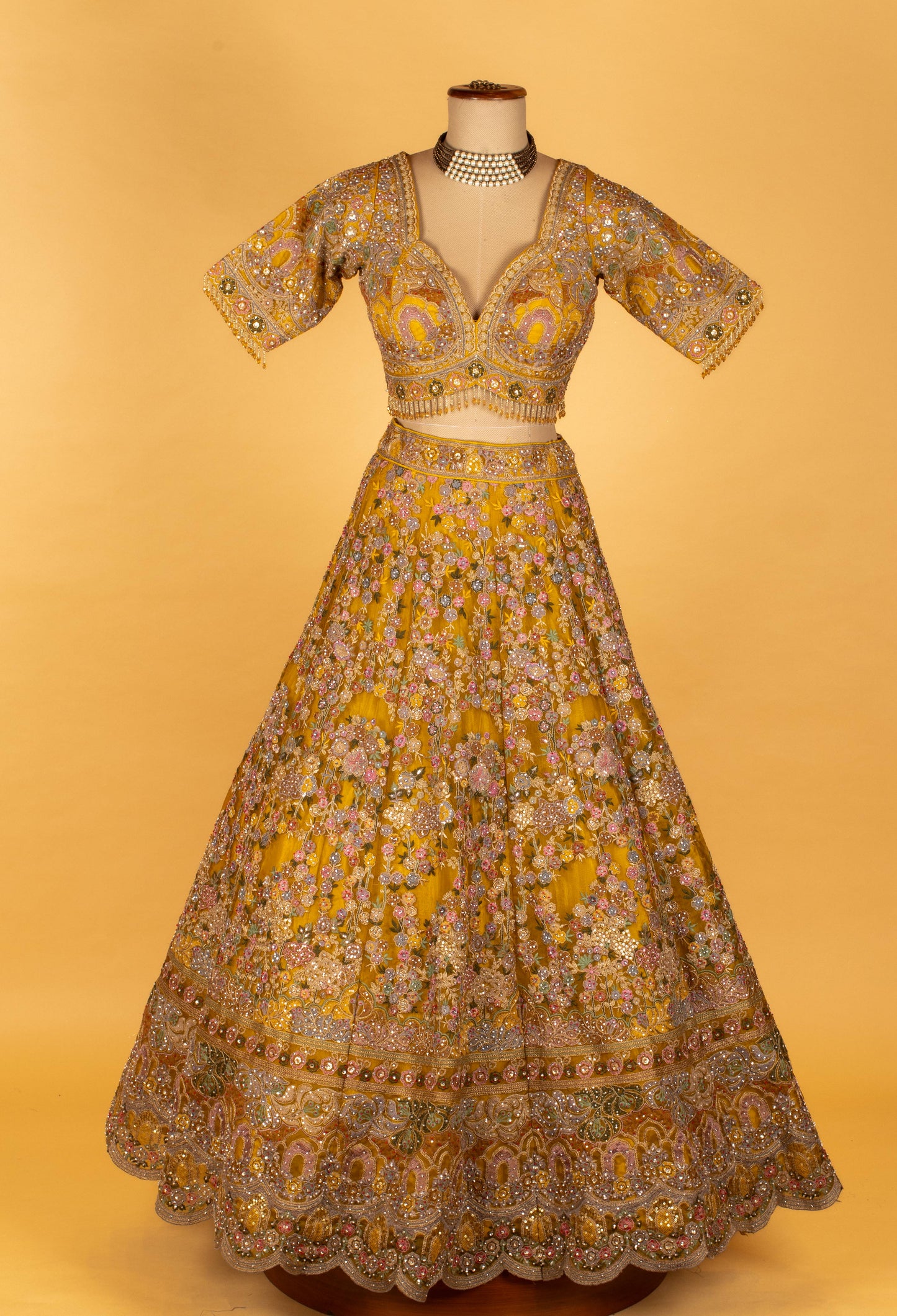 Mustard Yellow Heavy Hand-Embroidered Floral Bridal Crop-Top Lehenga Set