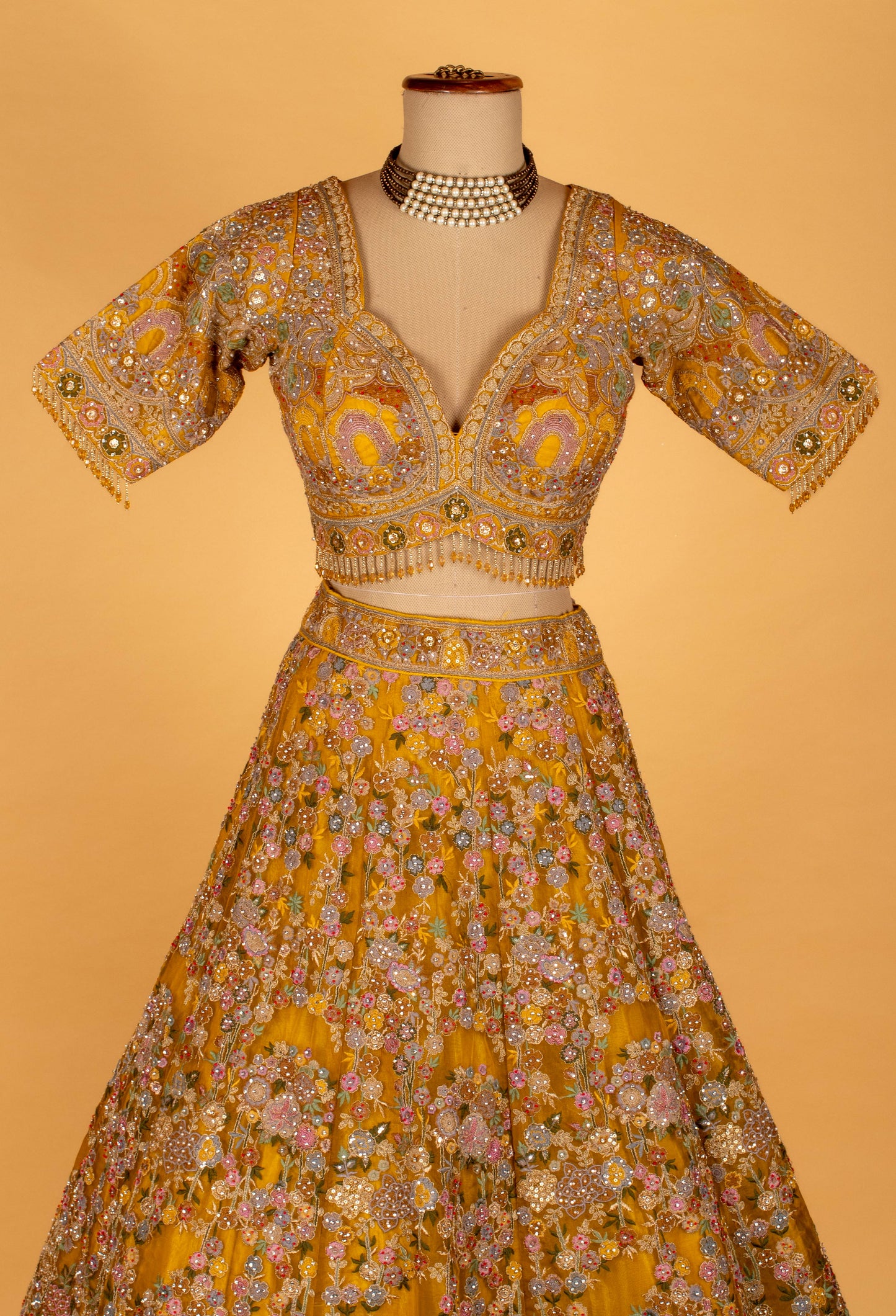 Mustard Yellow Heavy Hand-Embroidered Floral Bridal Crop-Top Lehenga Set