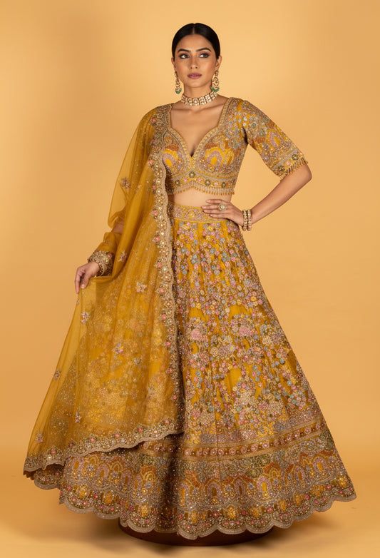 Mustard Yellow Heavy Hand-Embroidered Floral Bridal Crop-Top Lehenga Set