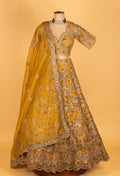 Mustard Yellow Heavy Hand-Embroidered Floral Bridal Crop-Top Lehenga Set