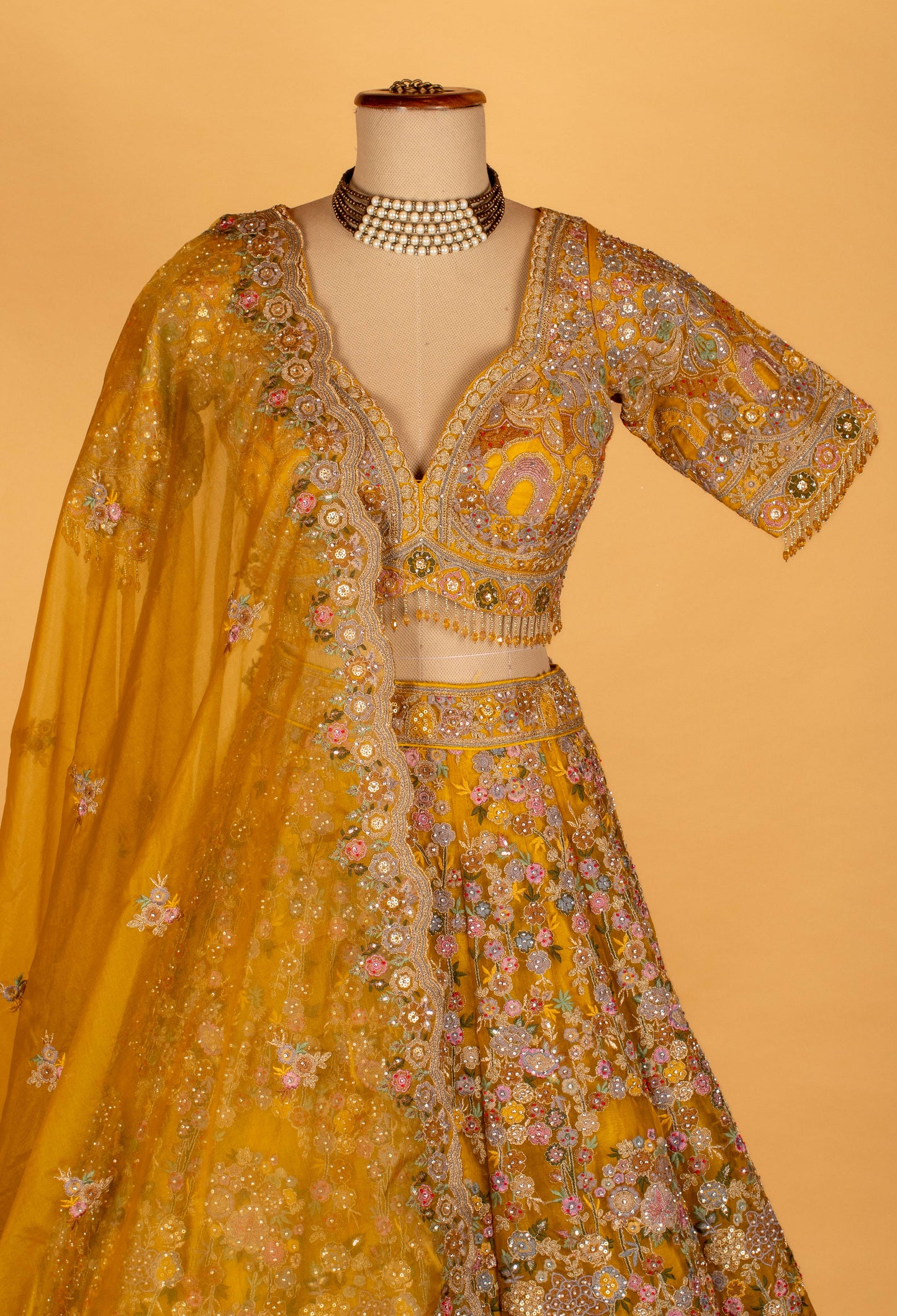 Mustard Yellow Heavy Hand-Embroidered Floral Bridal Crop-Top Lehenga Set