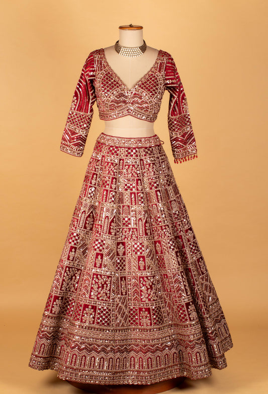 Red mirror and thread embroidered bridal lehenga set – product image 2