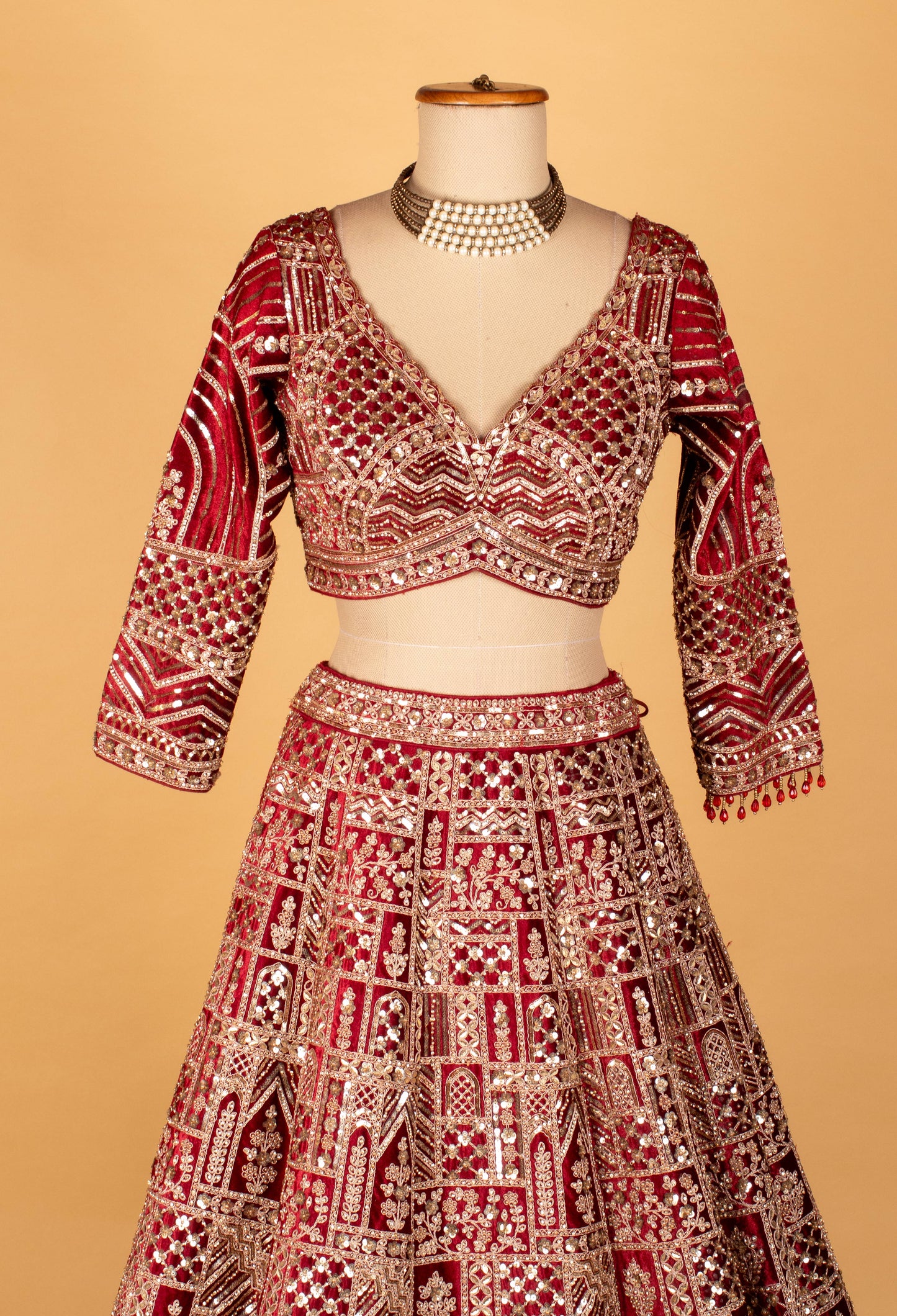 Red Heavy Mirror & Thread Work Bridal Crop-Top Lehenga Set