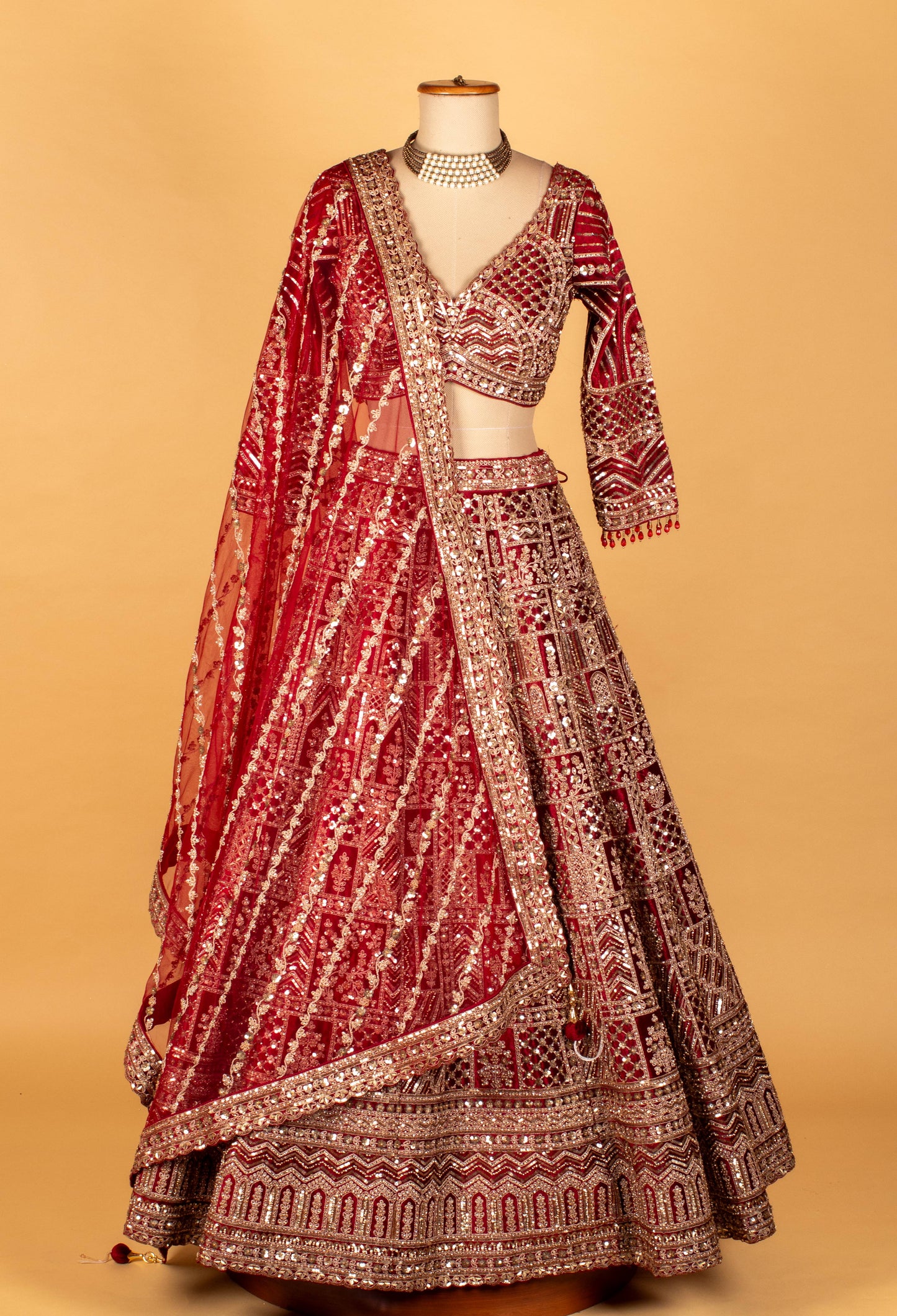 Red Heavy Mirror & Thread Work Bridal Crop-Top Lehenga Set