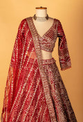 Red Heavy Mirror & Thread Work Bridal Crop-Top Lehenga Set