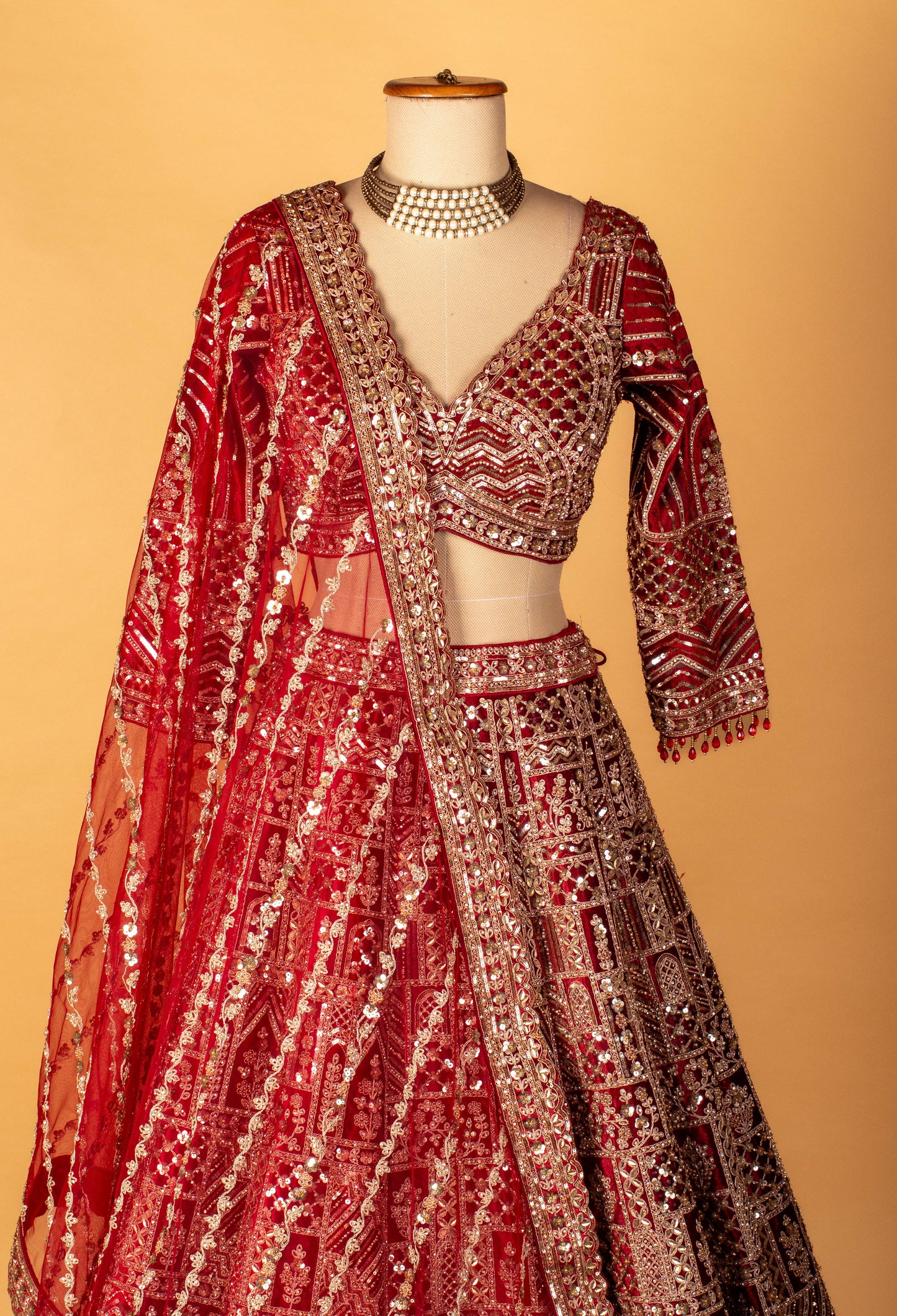 Red Heavy Mirror & Thread Work Bridal Crop-Top Lehenga Set