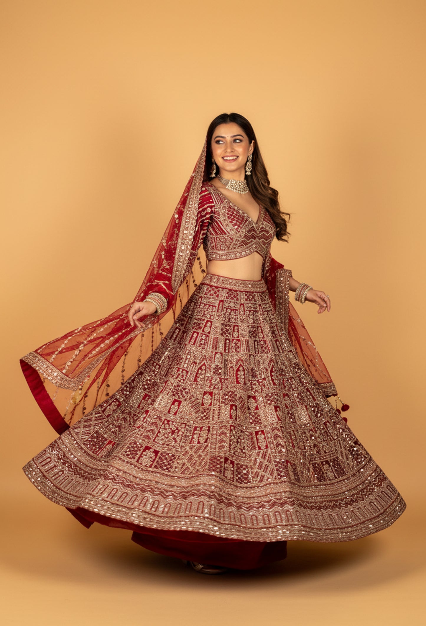 Red Heavy Mirror & Thread Work Bridal Crop-Top Lehenga Set