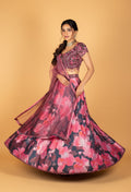 Pink Floral Printed & Heavy Embroidered Crop-Top Lehenga Set