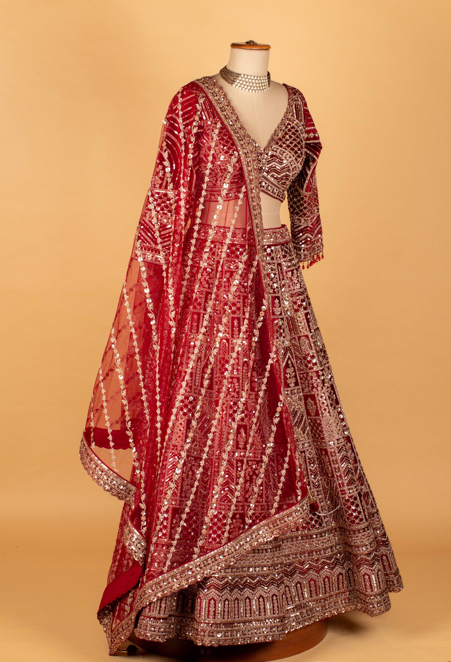 Red Heavy Mirror & Thread Work Bridal Crop-Top Lehenga Set