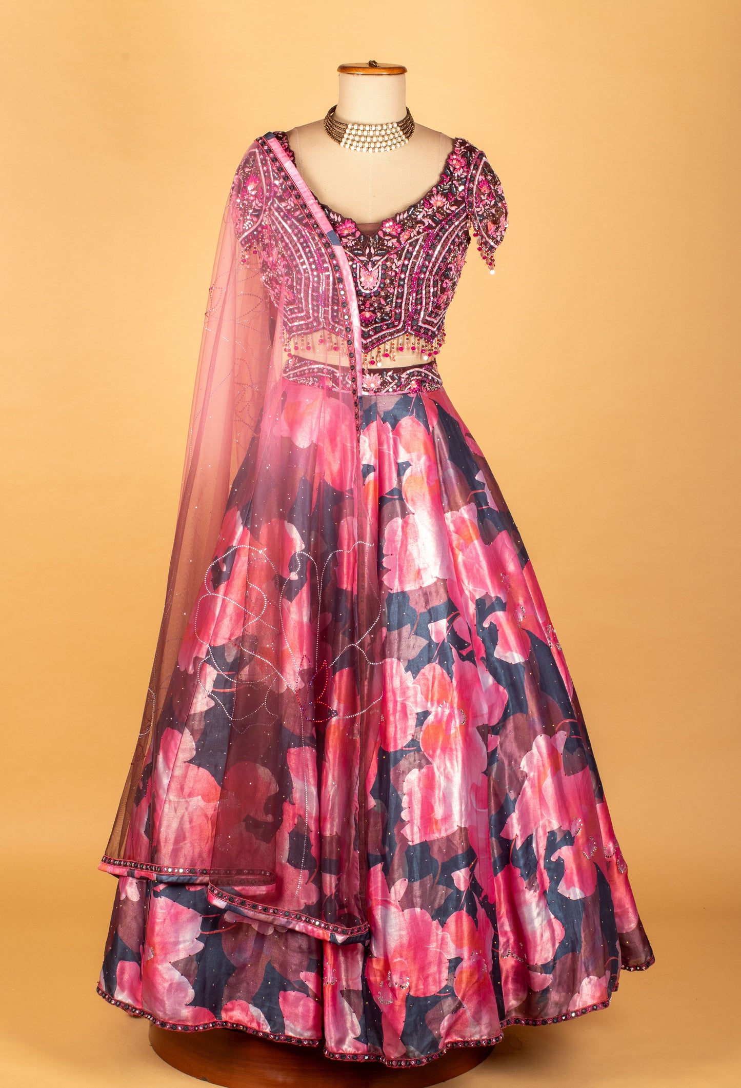 Pink Floral Printed & Heavy Embroidered Crop-Top Lehenga Set
