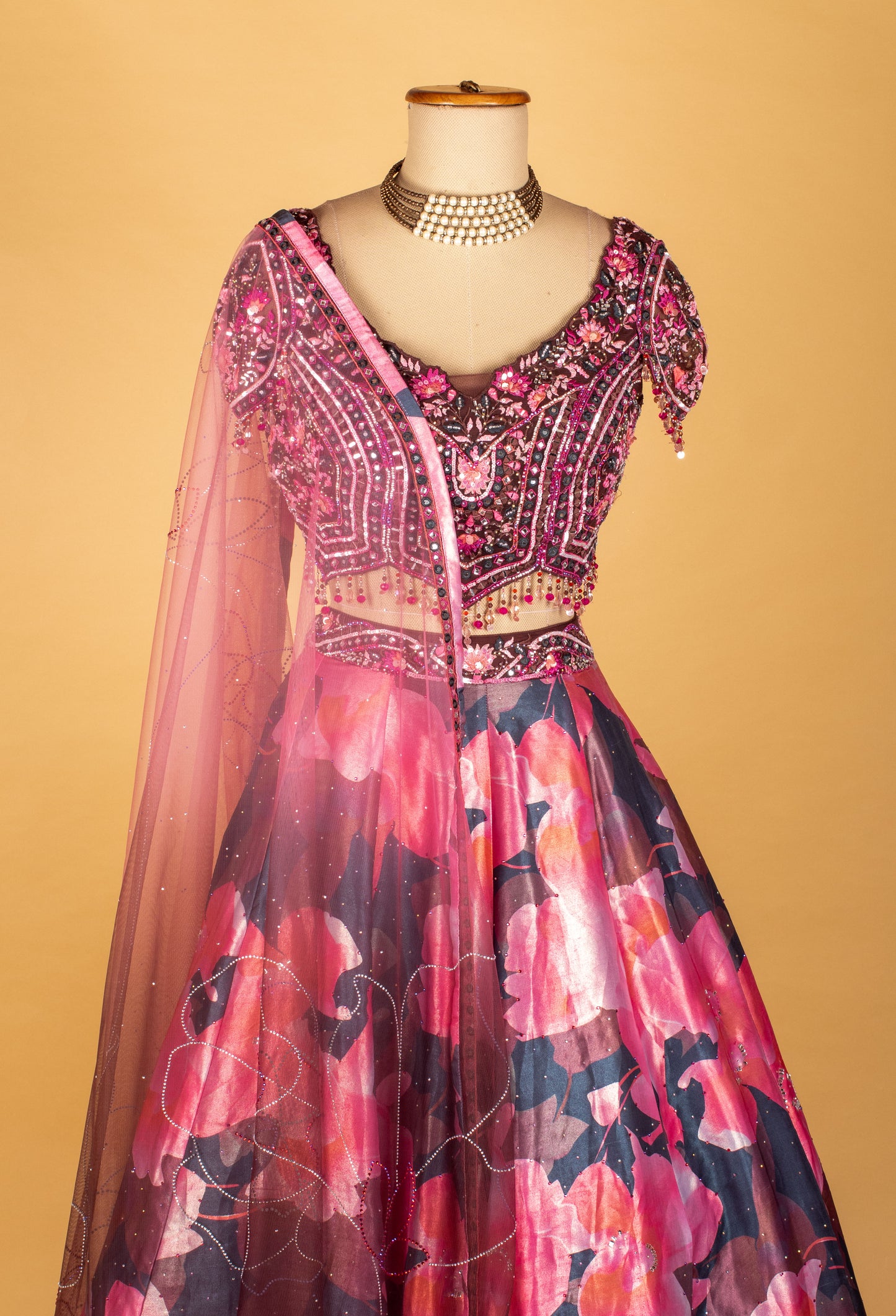 Pink Floral Printed & Heavy Embroidered Crop-Top Lehenga Set