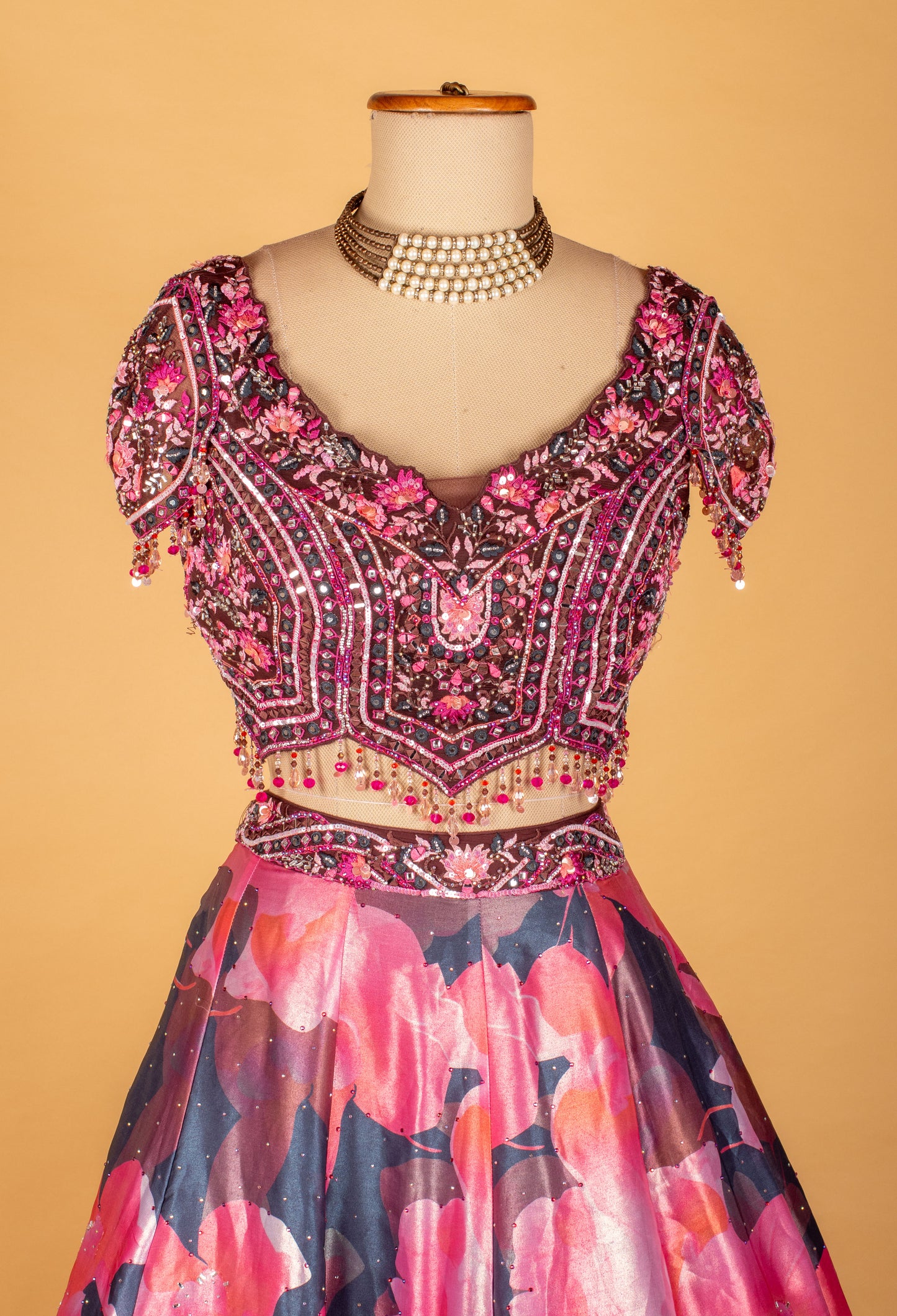 Pink Floral Printed & Heavy Embroidered Crop-Top Lehenga Set