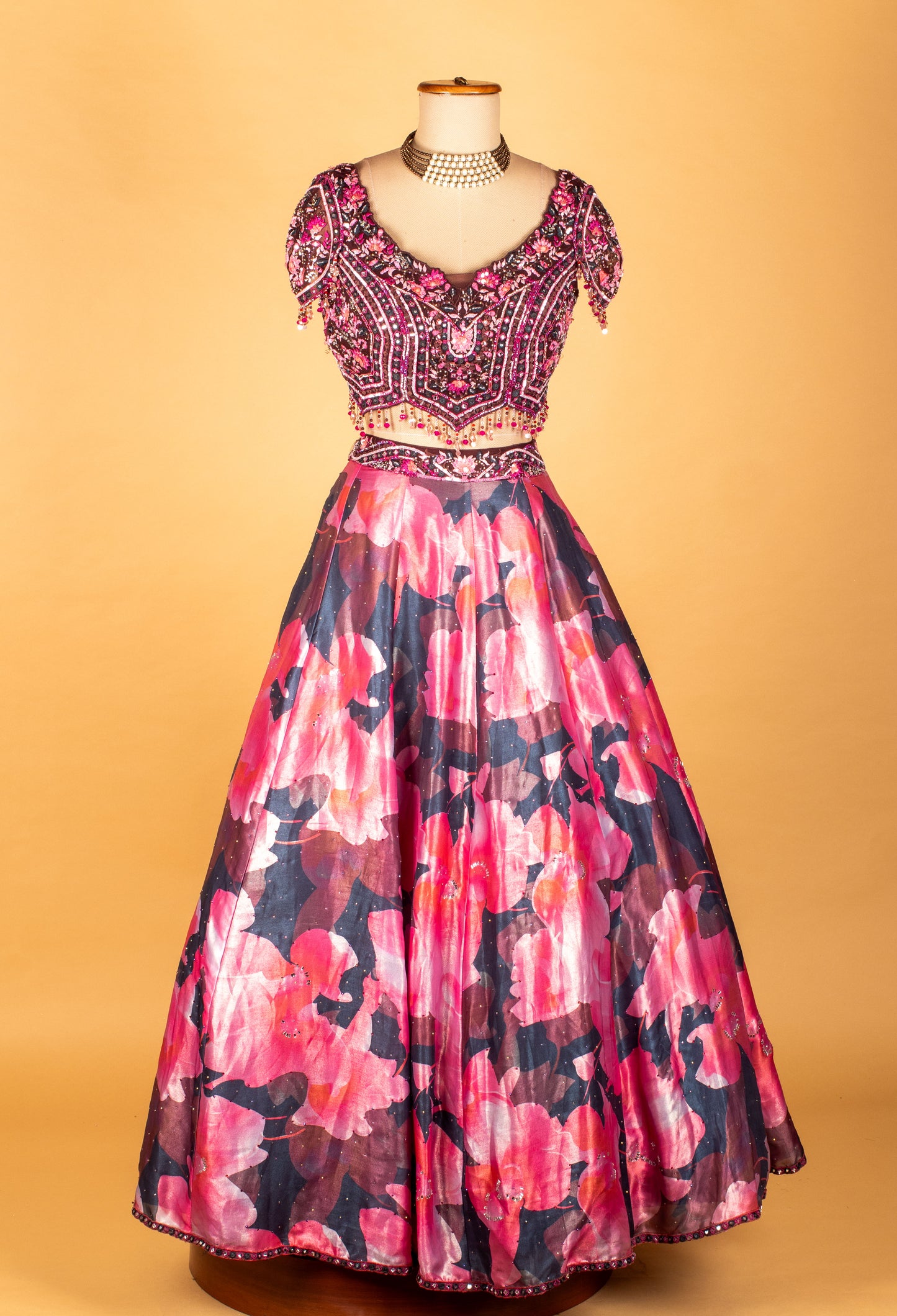 Pink Floral Printed & Heavy Embroidered Crop-Top Lehenga Set