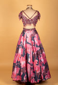 Pink Floral Printed & Heavy Embroidered Crop-Top Lehenga Set