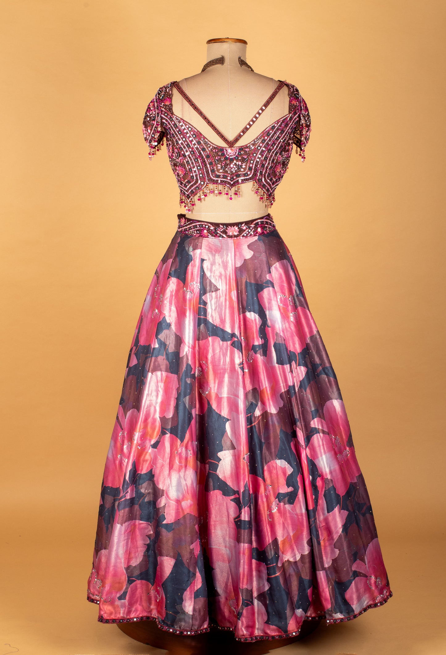 Pink Floral Printed & Heavy Embroidered Crop-Top Lehenga Set
