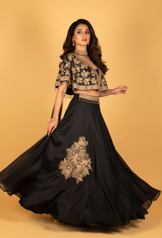 Black Embellished Crop-Top Lehenga with Cape