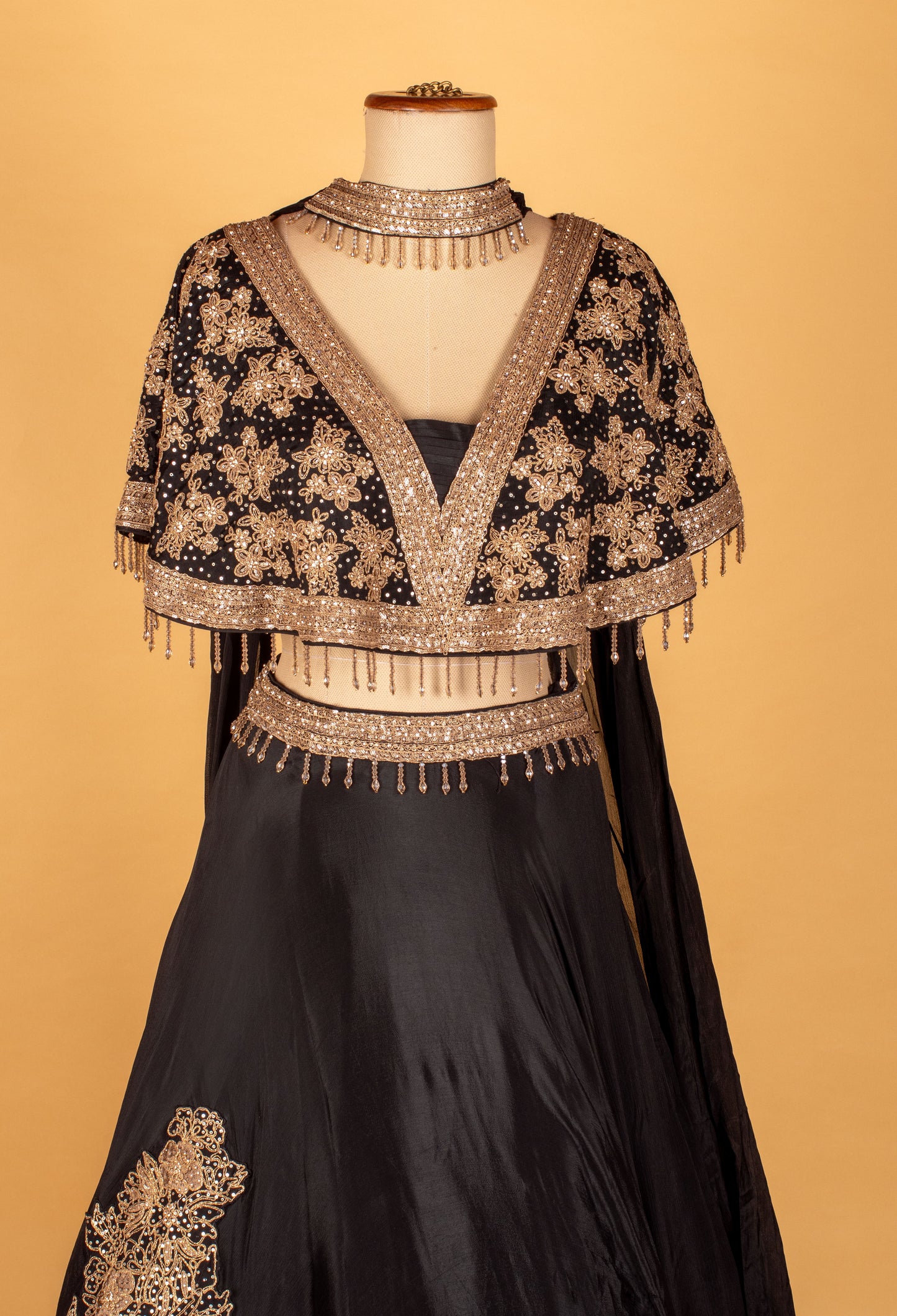 Black Embellished Crop-Top Lehenga with Cape