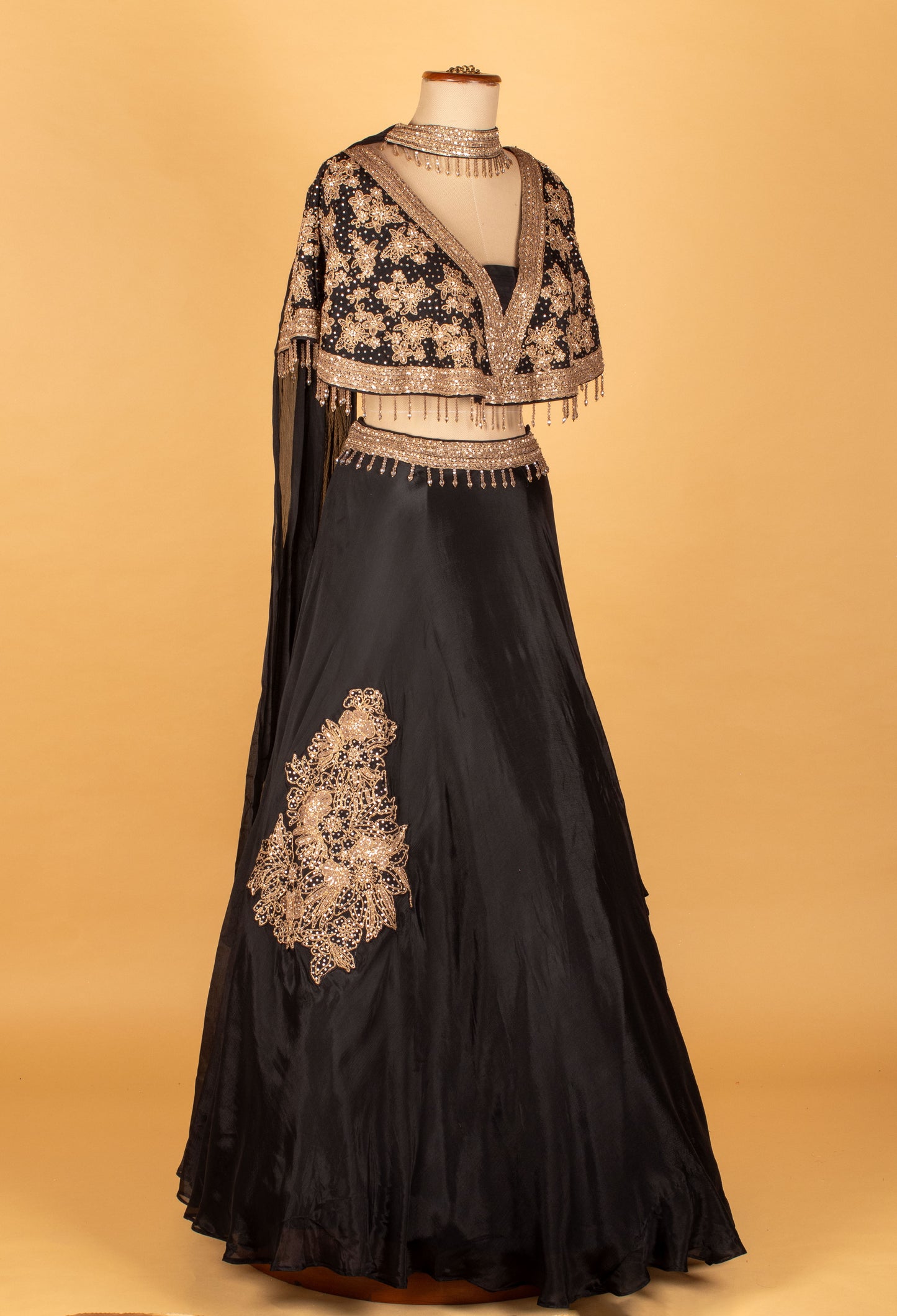 Black Embellished Crop-Top Lehenga with Cape