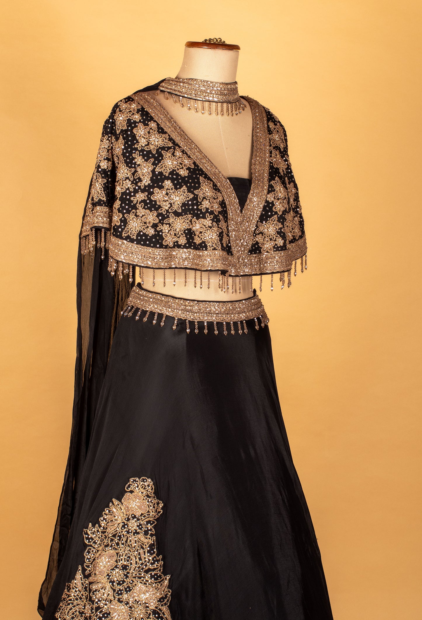 Black Embellished Crop-Top Lehenga with Cape