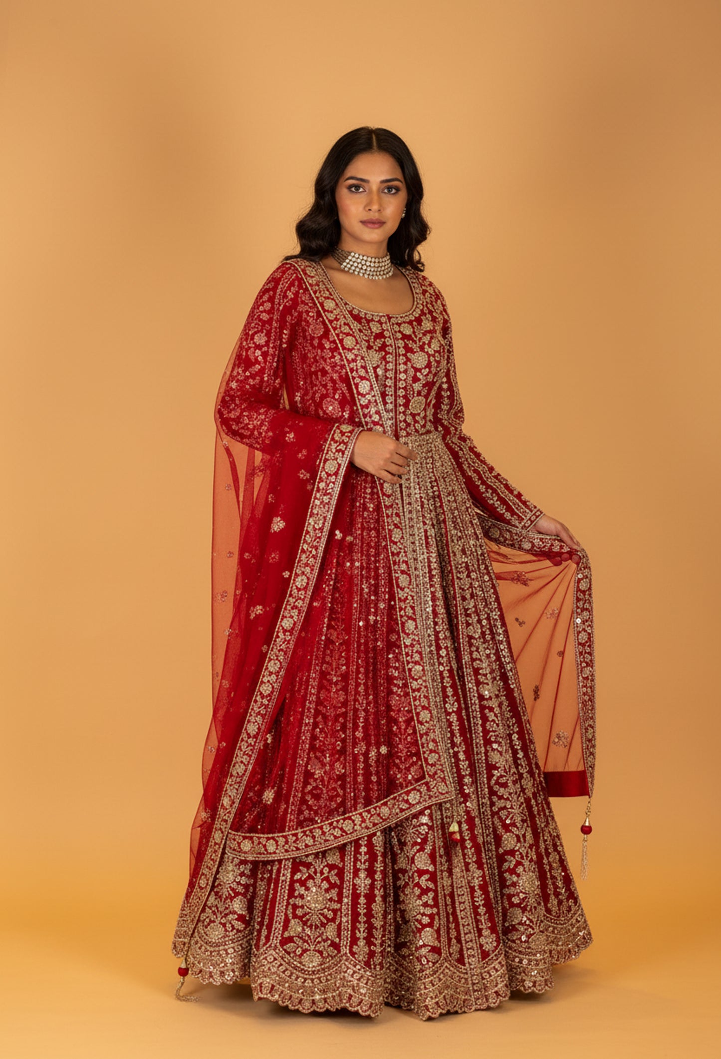 Regal Red Zari Hand-Embroidered Bridal Anarkali Set