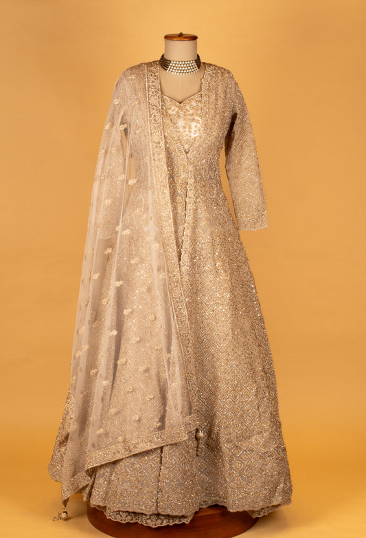 Golden embellished full-sleeve bridal Anarkali gown – product image 2