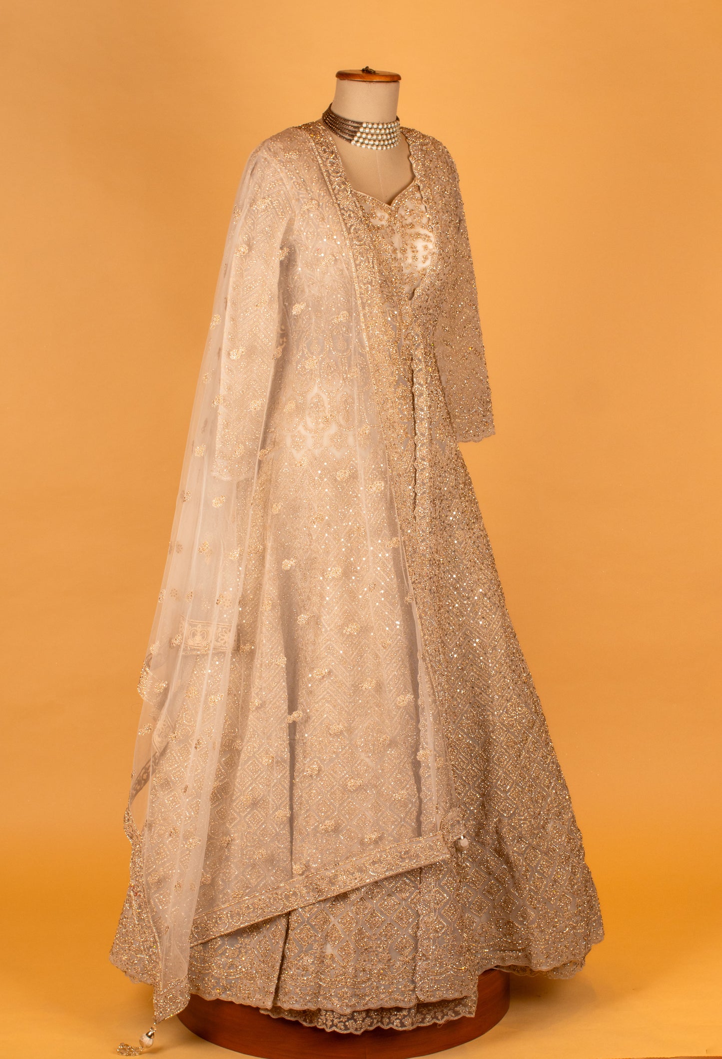 Luxury Golden Embellished Full Sleeve Bridal Anarkali – Heavy Sequence & Hand Embroidery Work