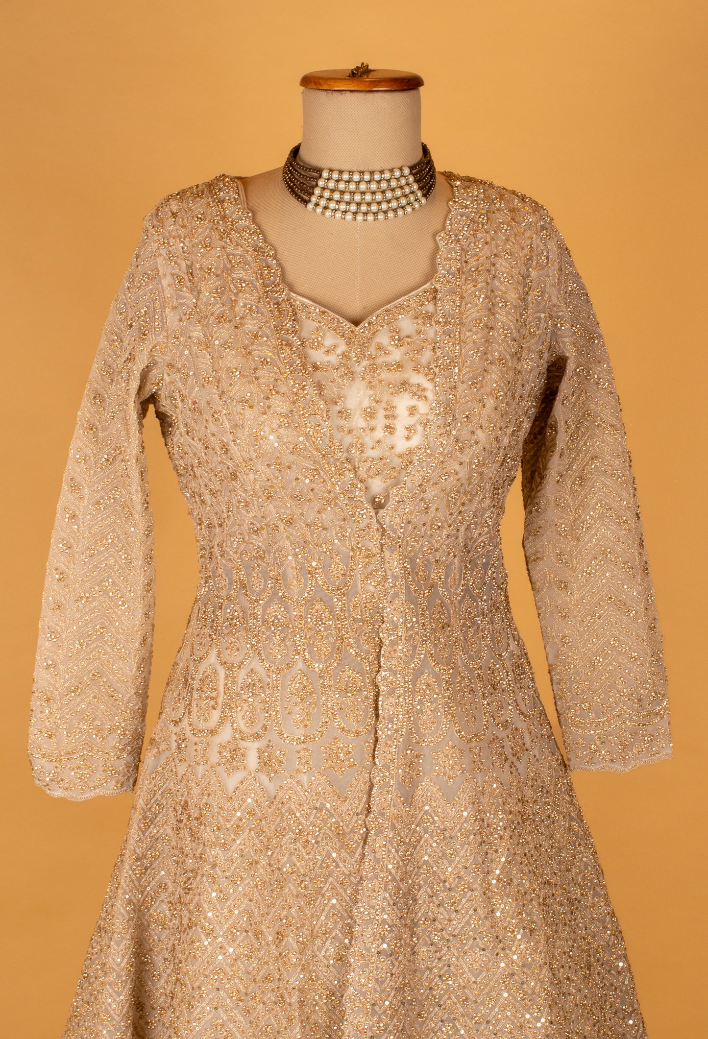 Luxury Golden Embellished Full Sleeve Bridal Anarkali – Heavy Sequence & Hand Embroidery Work